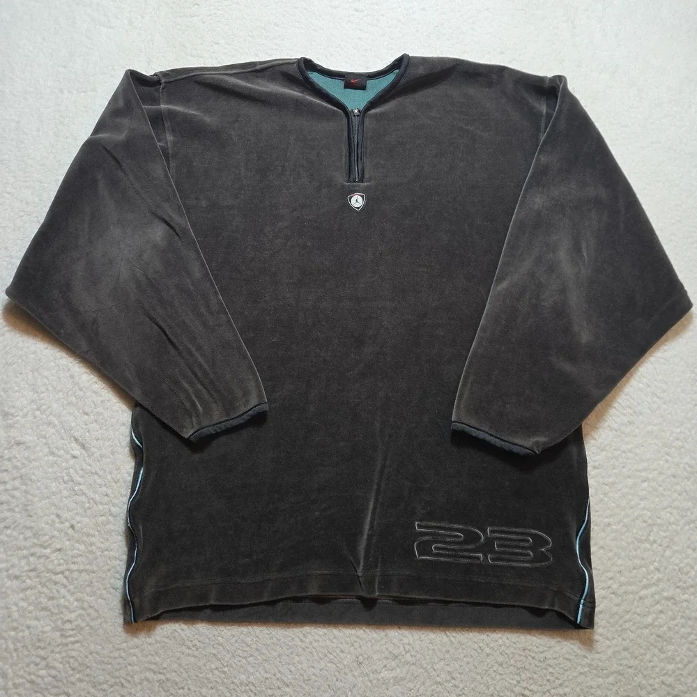 Y2K Jordan Velour Quarter Zip Shirt Men's Medium Black Oversized Longsleeve
